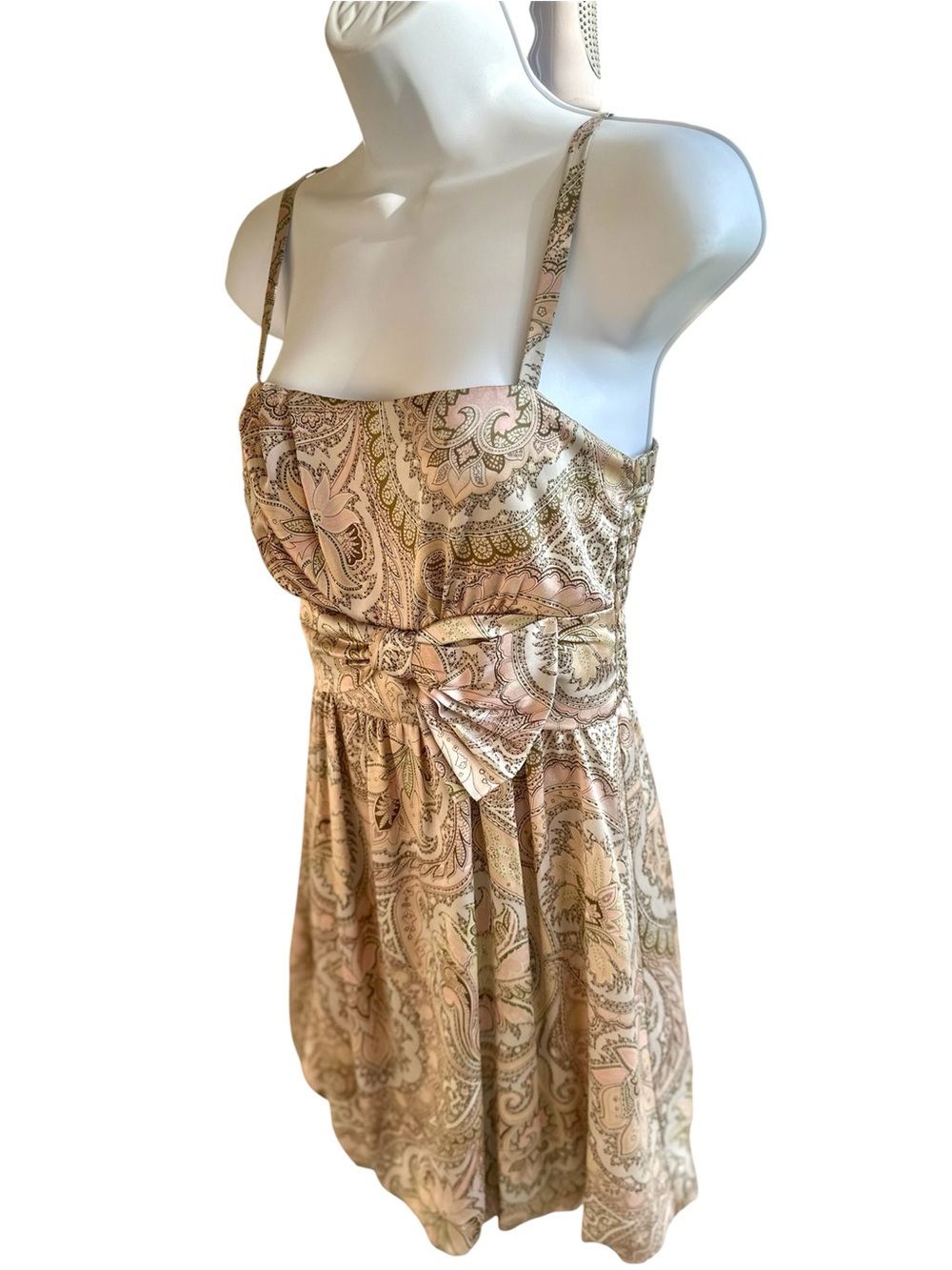 100% Silk Vintage Nu Collective Pink Paisley Bow-Front Mini Dress